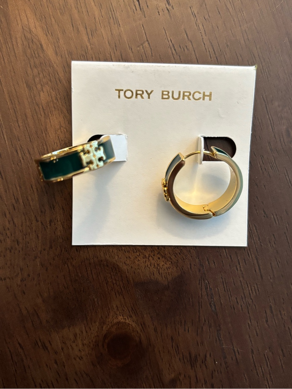 Tory Burch Gold Hoop Earrings with Emerald Green Enamel Accents